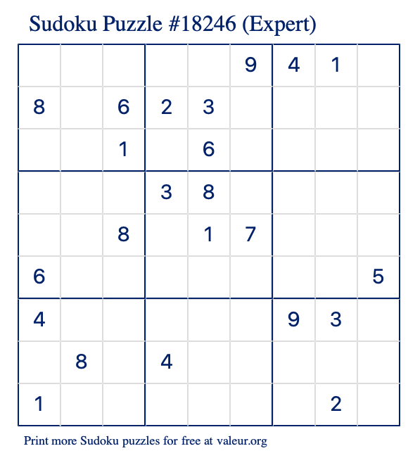 Free Printable Expert Sudoku Puzzle number 18246
