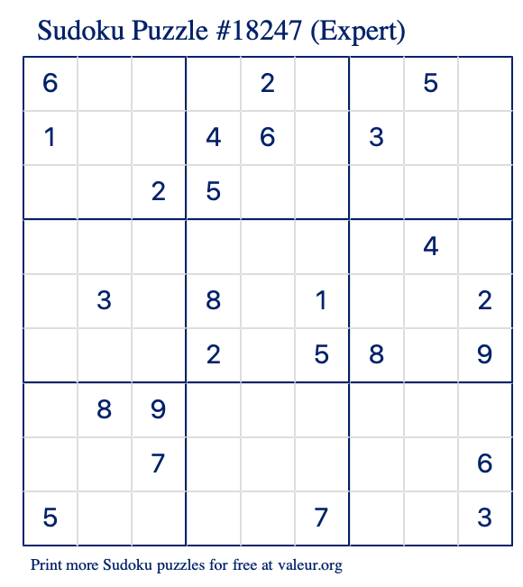 Free Printable Expert Sudoku Puzzle number 18247