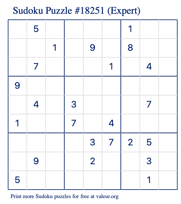 Free Printable Expert Sudoku Puzzle number 18251