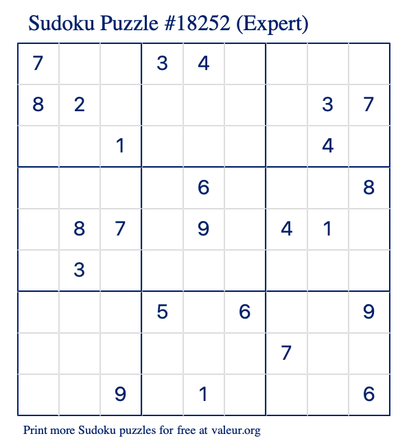 Free Printable Expert Sudoku Puzzle number 18252