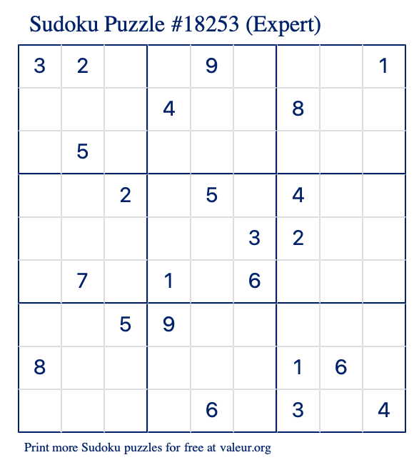 Free Printable Expert Sudoku Puzzle number 18253