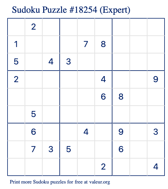 Free Printable Expert Sudoku Puzzle number 18254