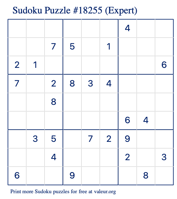 Free Printable Expert Sudoku Puzzle number 18255