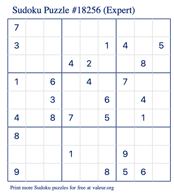 Free Printable Expert Sudoku Puzzle number 18256
