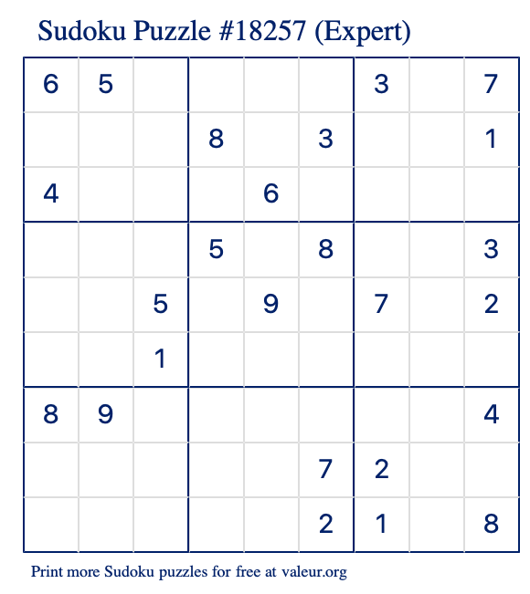 Free Printable Expert Sudoku Puzzle number 18257