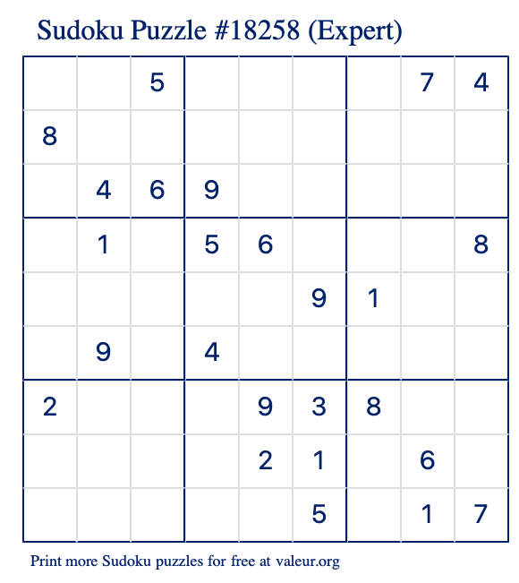 Free Printable Expert Sudoku Puzzle number 18258