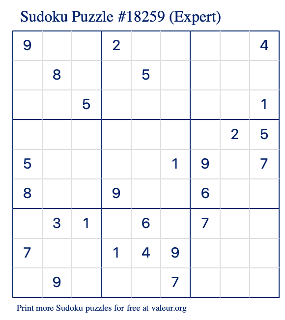 Free Printable Expert Sudoku Puzzle number 18259