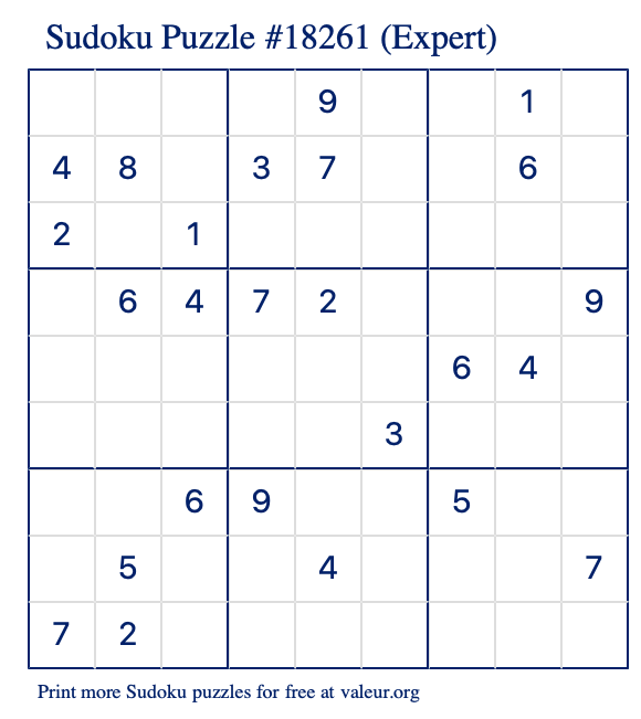 Free Printable Expert Sudoku Puzzle number 18261