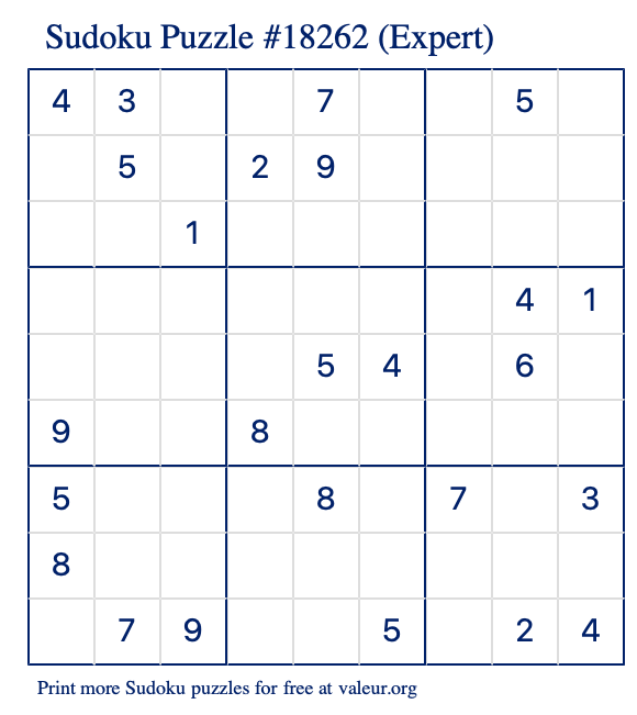 Free Printable Expert Sudoku Puzzle number 18262
