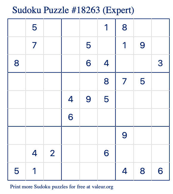 Free Printable Expert Sudoku Puzzle number 18263