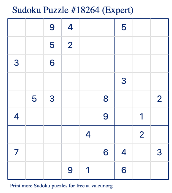 Free Printable Expert Sudoku Puzzle number 18264