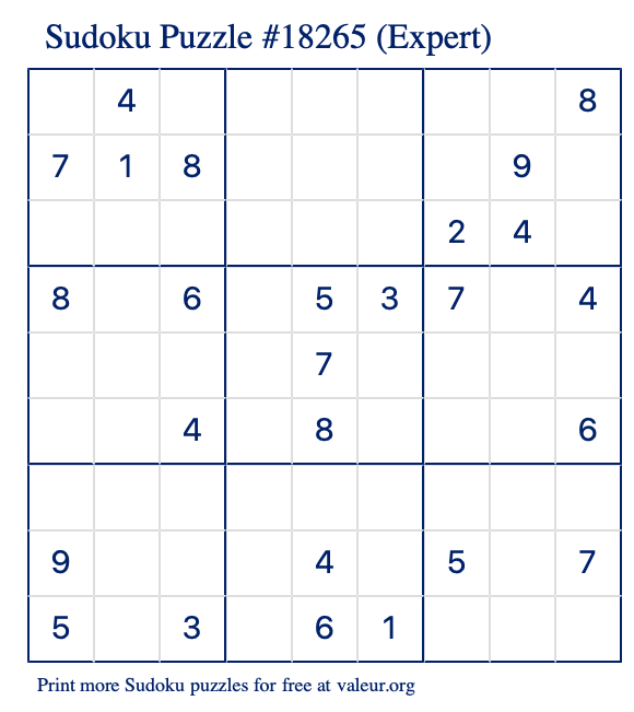 Free Printable Expert Sudoku Puzzle number 18265