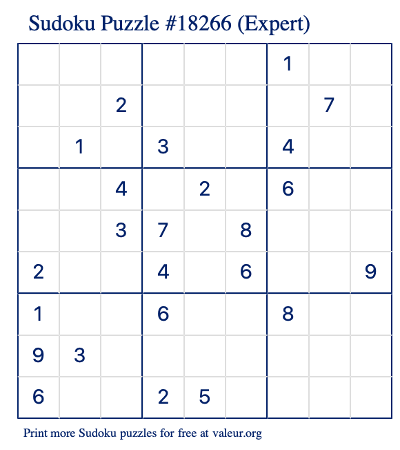Free Printable Expert Sudoku Puzzle number 18266