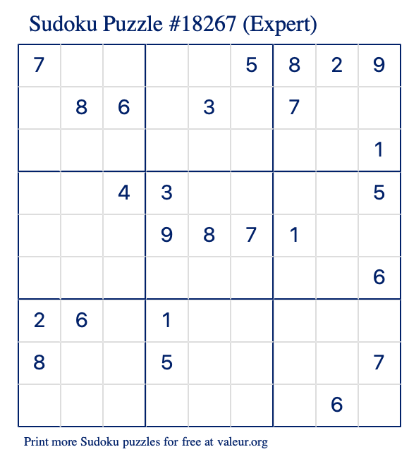 Free Printable Expert Sudoku Puzzle number 18267