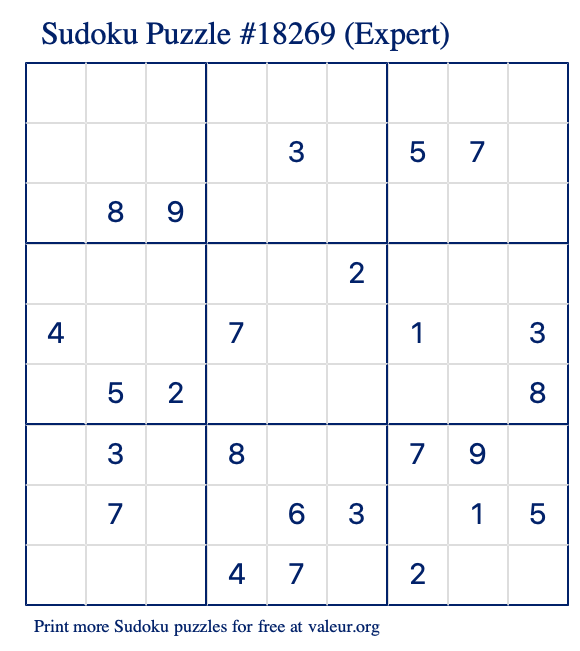 Free Printable Expert Sudoku Puzzle number 18269