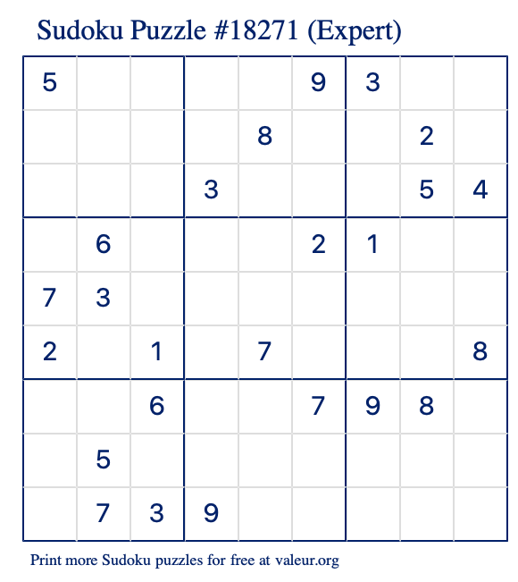 Free Printable Expert Sudoku Puzzle number 18271