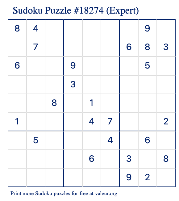 Free Printable Expert Sudoku Puzzle number 18274