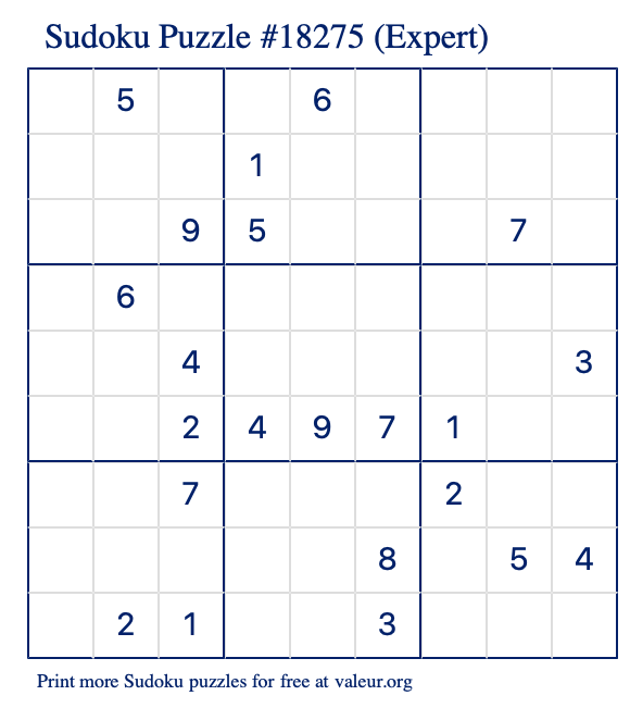 Free Printable Expert Sudoku Puzzle number 18275
