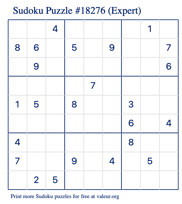 Free Printable Expert Sudoku Puzzle number 18276