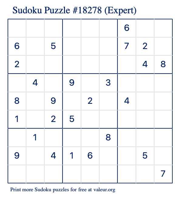 Free Printable Expert Sudoku Puzzle number 18278