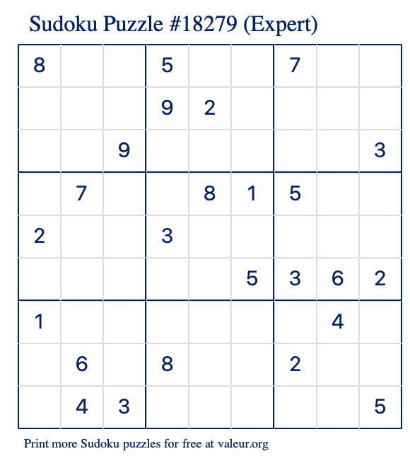 Free Printable Expert Sudoku Puzzle number 18279
