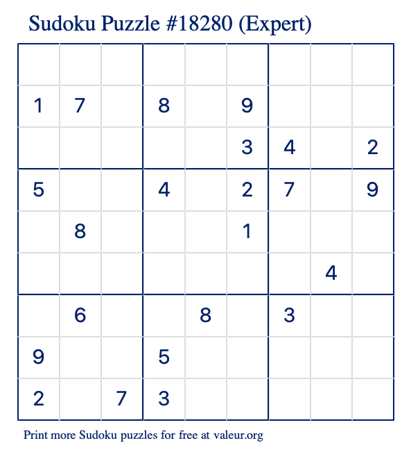 Free Printable Expert Sudoku Puzzle number 18280