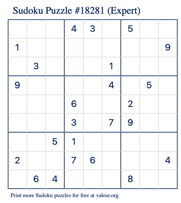 Free Printable Expert Sudoku Puzzle number 18281