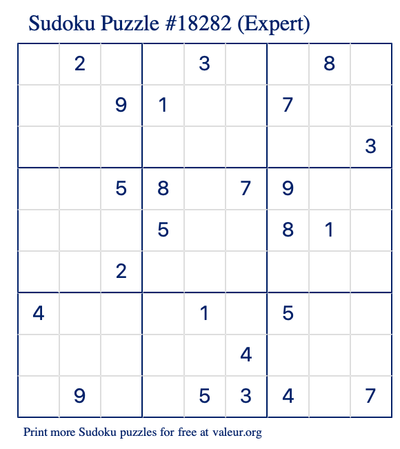 Free Printable Expert Sudoku Puzzle number 18282