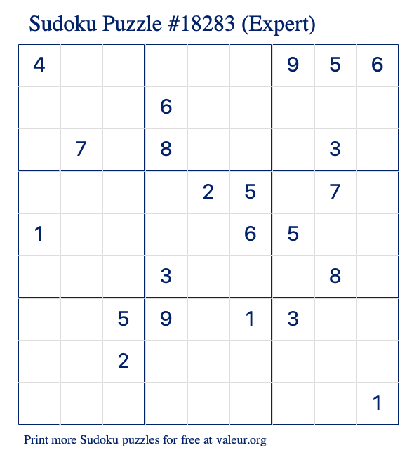 Free Printable Expert Sudoku Puzzle number 18283