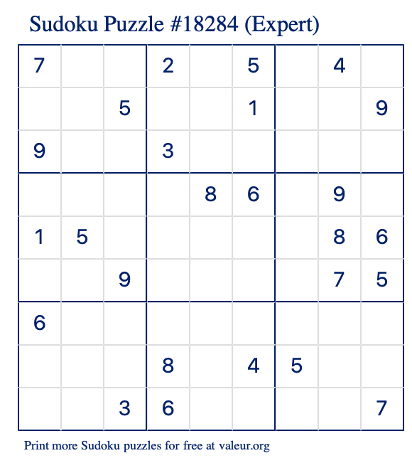 Free Printable Expert Sudoku Puzzle number 18284