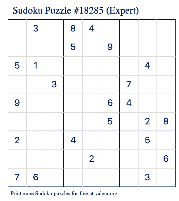 Free Printable Expert Sudoku Puzzle number 18285