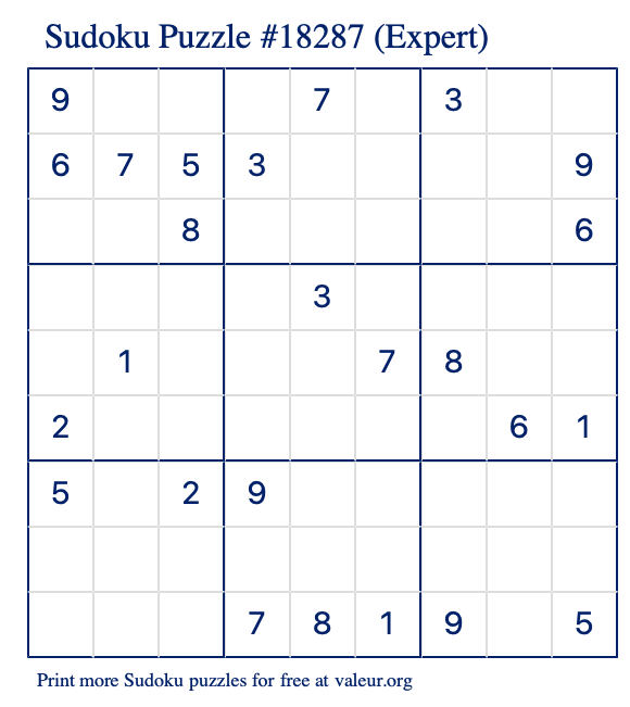 Free Printable Expert Sudoku Puzzle number 18287