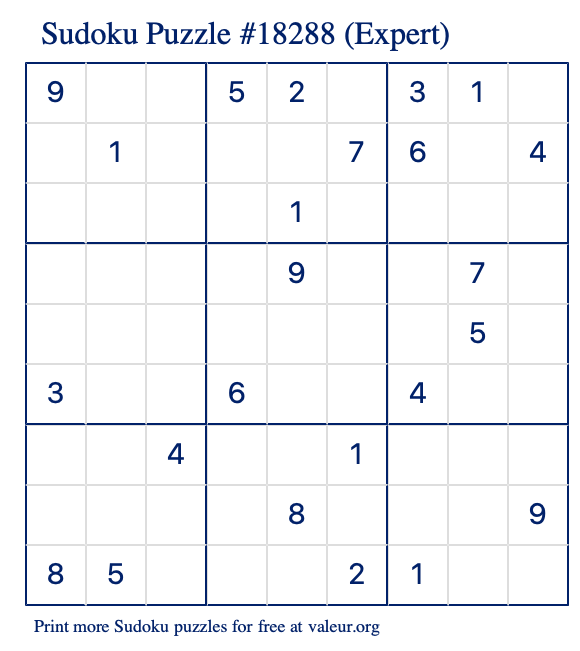 Free Printable Expert Sudoku Puzzle number 18288