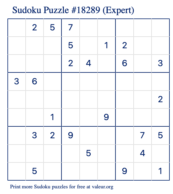 Free Printable Expert Sudoku Puzzle number 18289