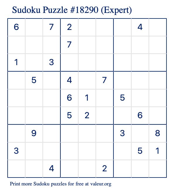 Free Printable Expert Sudoku Puzzle number 18290