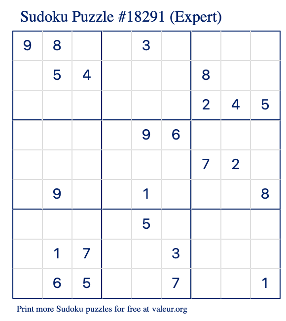 Free Printable Expert Sudoku Puzzle number 18291
