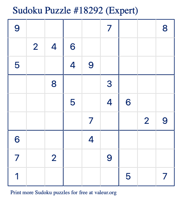 Free Printable Expert Sudoku Puzzle number 18292