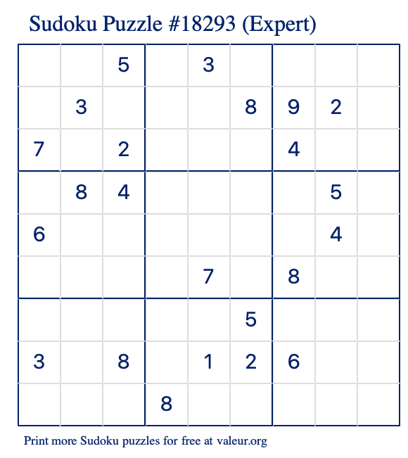 Free Printable Expert Sudoku Puzzle number 18293