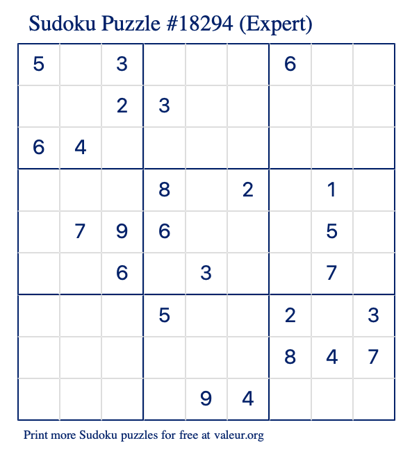 Free Printable Expert Sudoku Puzzle number 18294