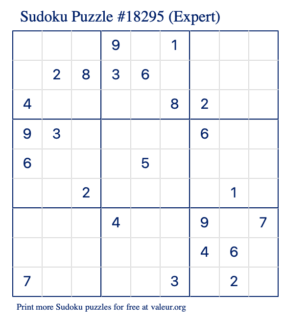 Free Printable Expert Sudoku Puzzle number 18295