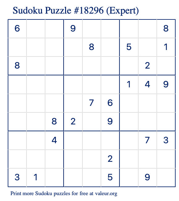 Free Printable Expert Sudoku Puzzle number 18296