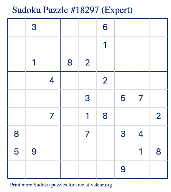 Free Printable Expert Sudoku Puzzle number 18297