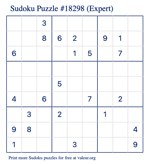 Free Printable Expert Sudoku Puzzle number 18298