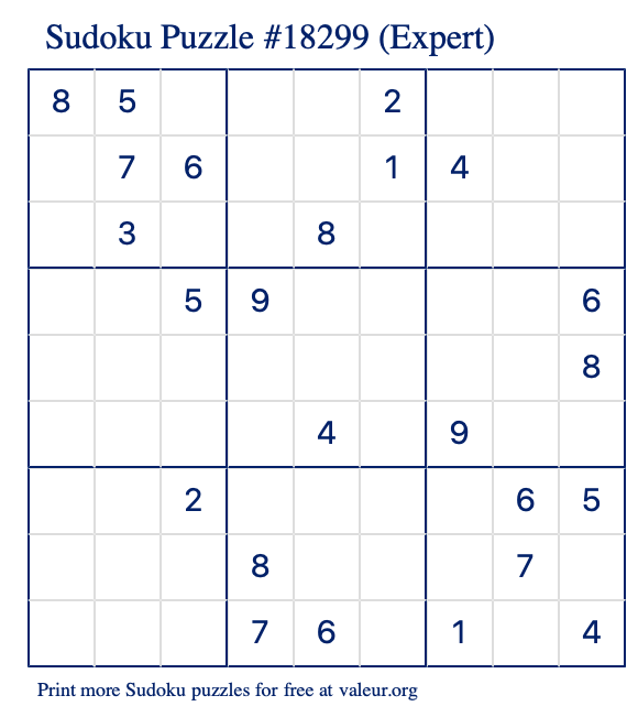 Free Printable Expert Sudoku Puzzle number 18299