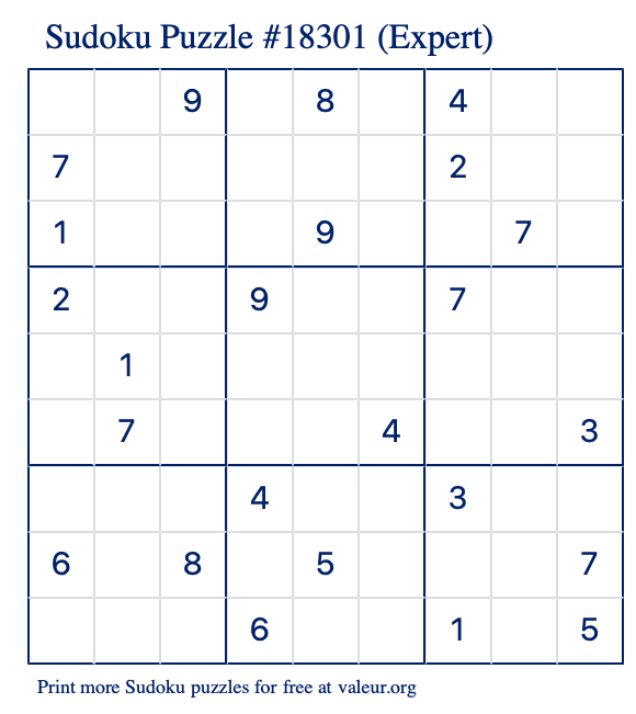 Free Printable Expert Sudoku Puzzle number 18301
