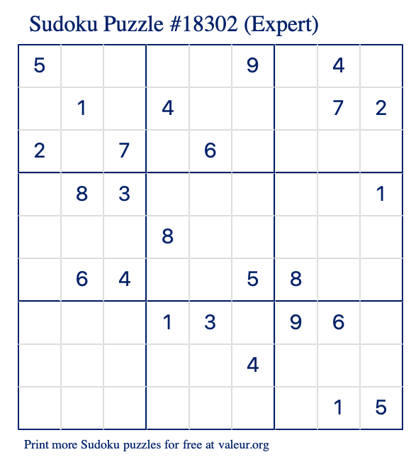 Free Printable Expert Sudoku Puzzle number 18302