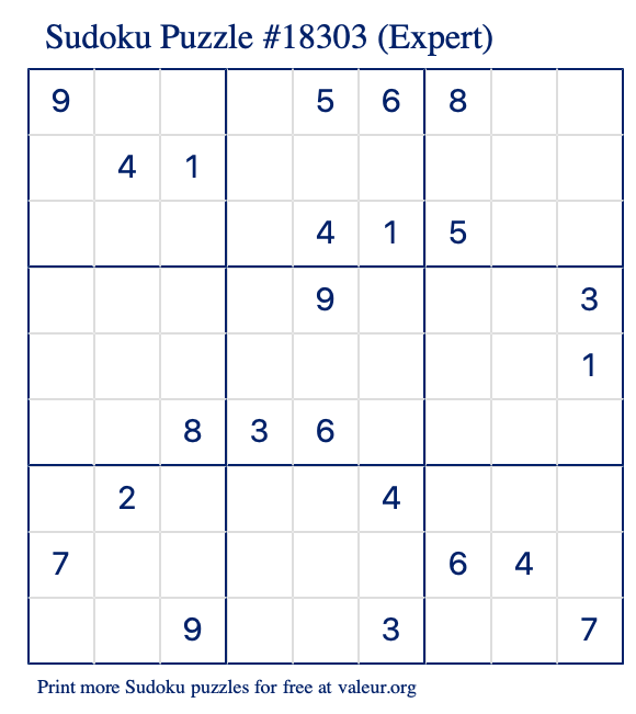 Free Printable Expert Sudoku Puzzle number 18303