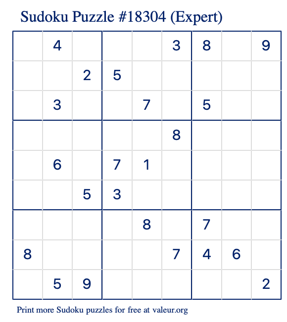 Free Printable Expert Sudoku Puzzle number 18304