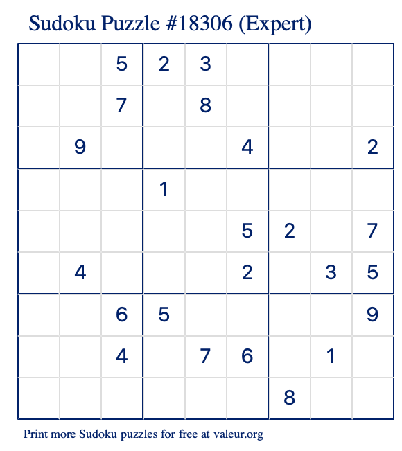 Free Printable Expert Sudoku Puzzle number 18306
