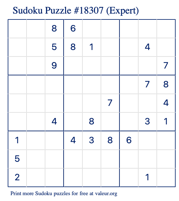 Free Printable Expert Sudoku Puzzle number 18307
